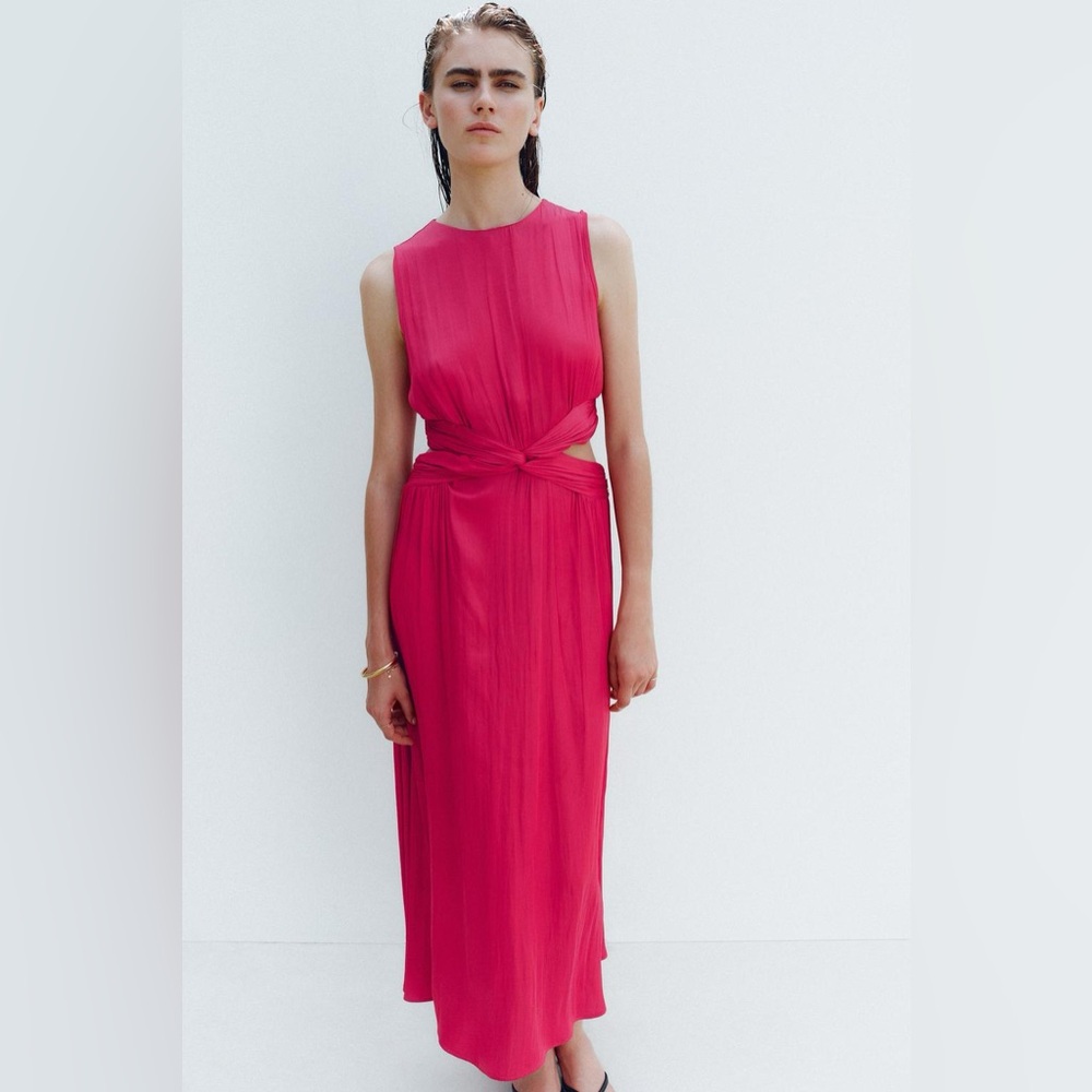 Zara Satin effect cut out sleeveless midi dress fuchsia. S NWT - Picture 7 of 17